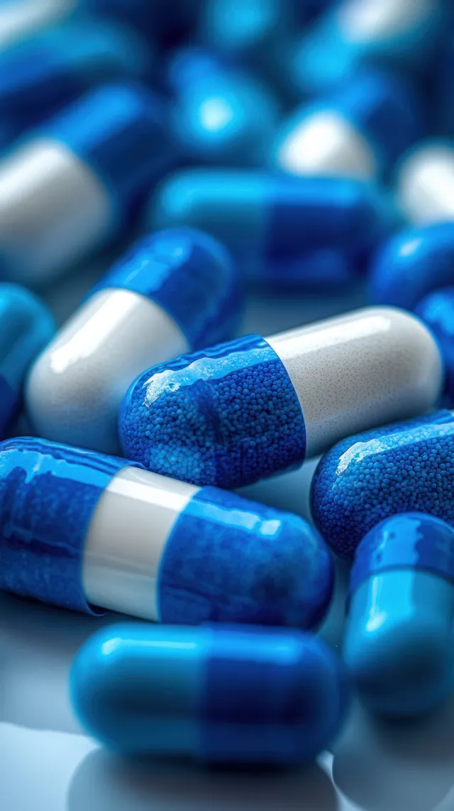 Blue and white capsules scattered with visible granules on a clean surface.