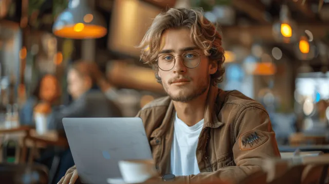 Young man typing on a laptop at a coffee shop table with warm lighting and a softly blurred background.