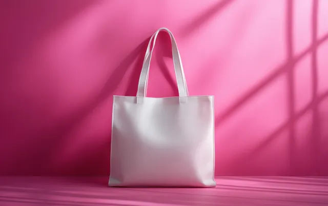 Minimalist white tote bag standing on soft pink backdrop with dramatic shadow lighting