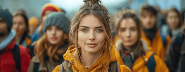 Young woman in yellow hoodie looking at camera while crowd of friends waits behind