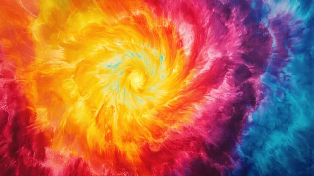 A glowing rainbow spiral vortex swirls together yellow, orange, red, magenta, purple, and blue colors in an abstract burst.