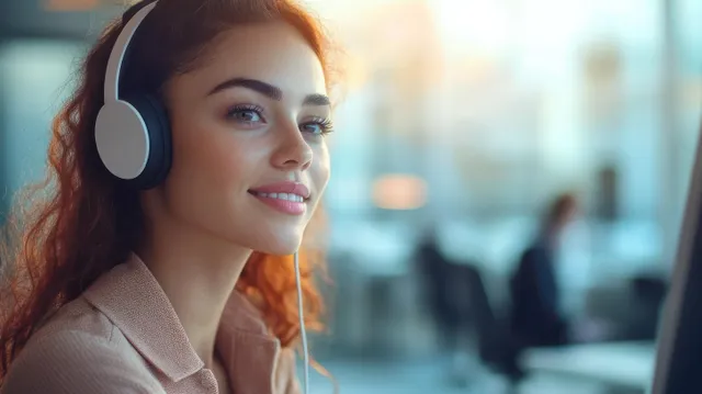 Customer service agent wearing a headset talks at a desk with a laptop and blurred office background.