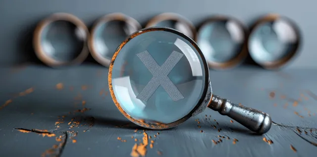 Magnifying glass over check and X symbols on scratched approval checklist