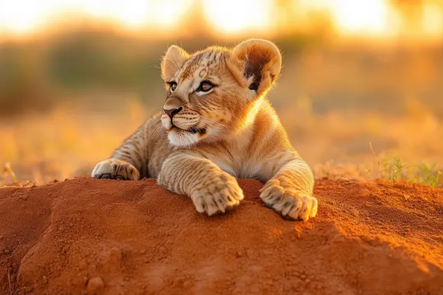 A young lion cub rests on red earth, bathed in golden sunlight with a softly blurred savanna in the background.