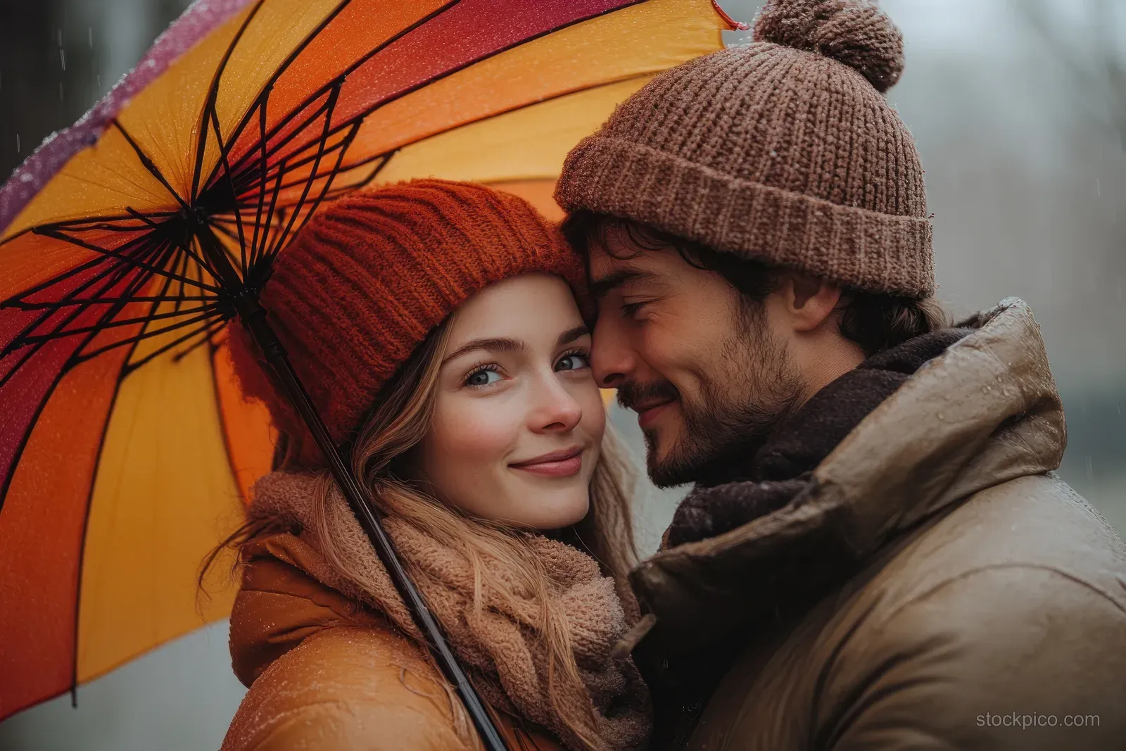Smiling couple under a bright colorful umbrella in rainy weather, wearing knit hats and winter coats.