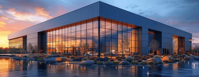 Industrial building with glass facade and lit windows at blue hour, reflecting on wet ground.