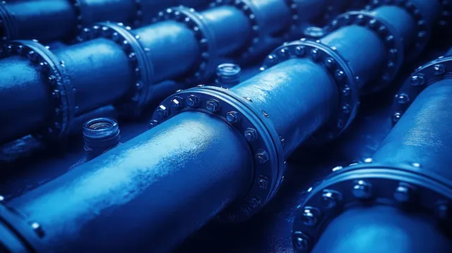 White pipe network pattern with repeating tubing shapes on a deep blue seamless background.