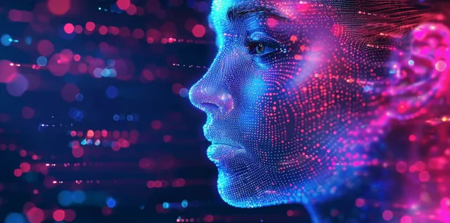 AI face profile with glowing data network overlay and automated decision interface