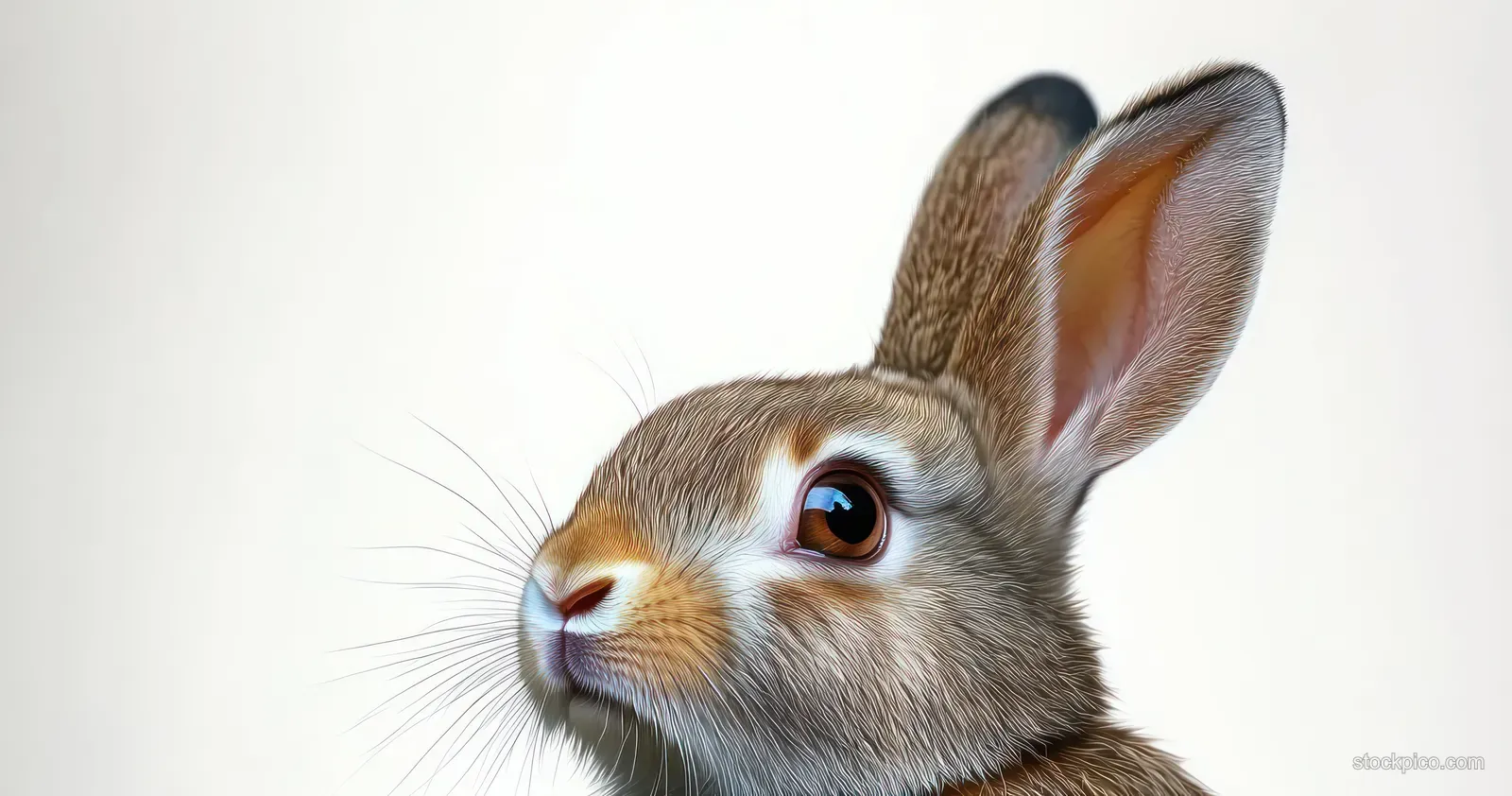 Close-up of a grey rabbit face with detailed fur and a warm glowing eye against a light background.
