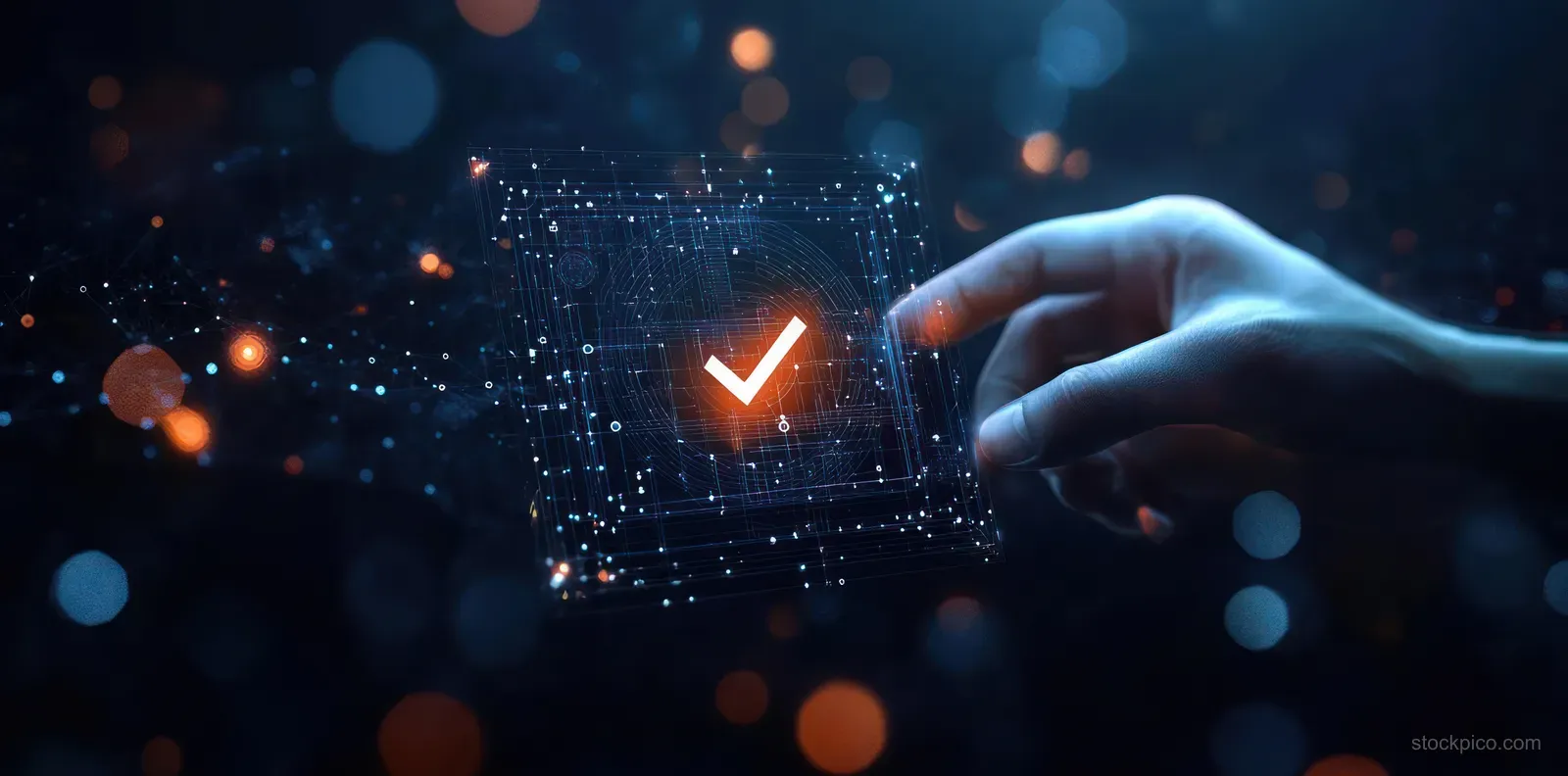 A hand taps a glowing digital dashboard with data points and charts.