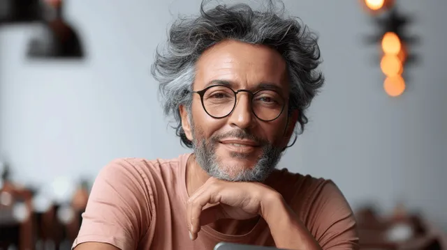 Bearded man with glasses smiling while typing on a laptop at a cafe table under warm window light.