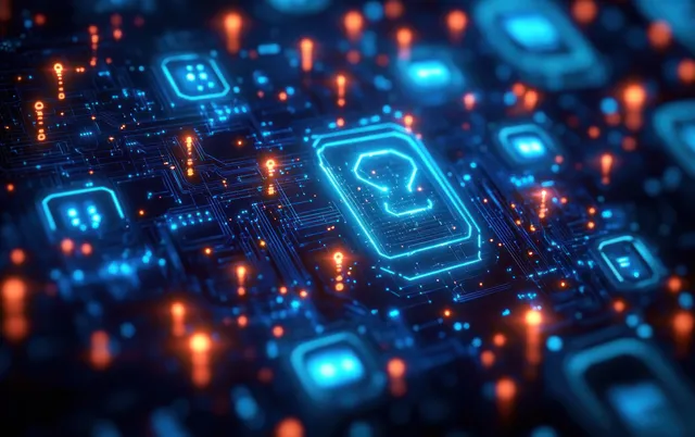 Close-up of a glowing circuit board with holographic blue encryption symbols and orange light trails.