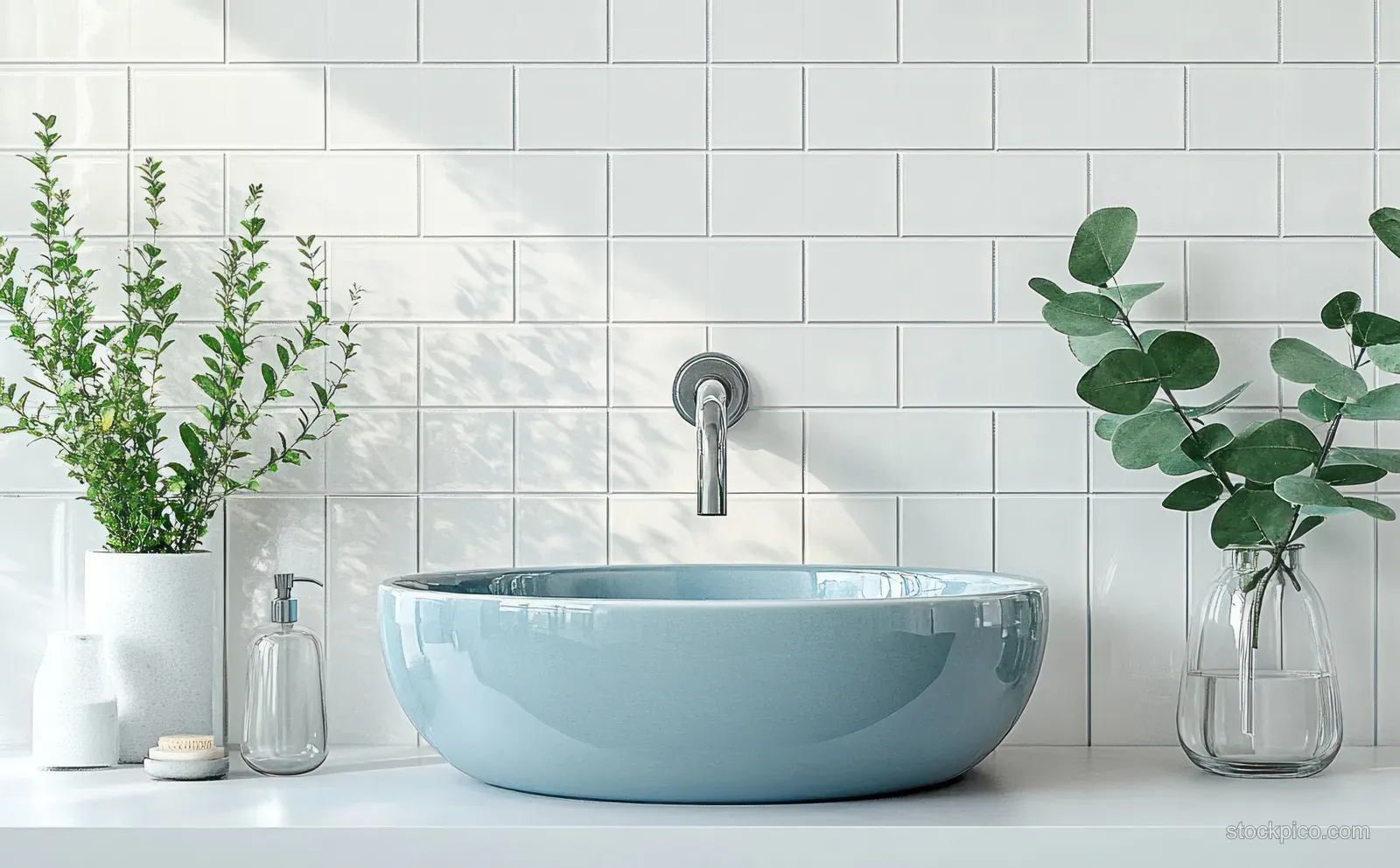 Blue round bathroom sink on a white countertop with green leafy plants in glass vases against a tiled wall.