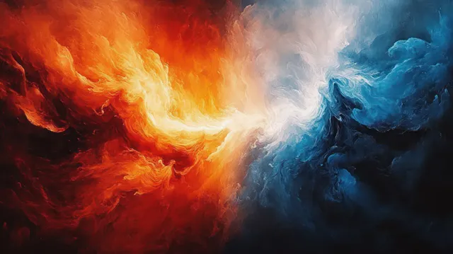 Fire and ice collide in a surreal radial swirl, high-contrast chiaroscuro lighting