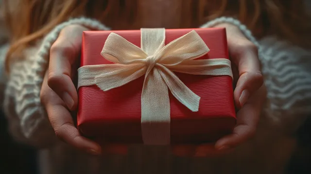 Hands holding a red gift box with cream ribbon and bow against a clean background