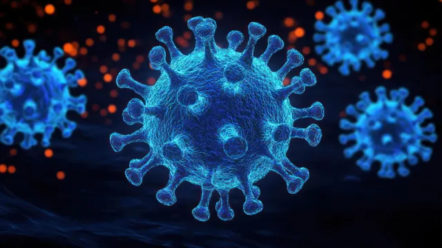 Glowing blue coronavirus particles float in a dark background with orange bokeh lights.