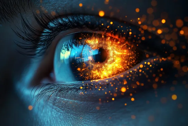 Close-up of a human eye with orange digital particles glowing across the iris and surrounding light effects.