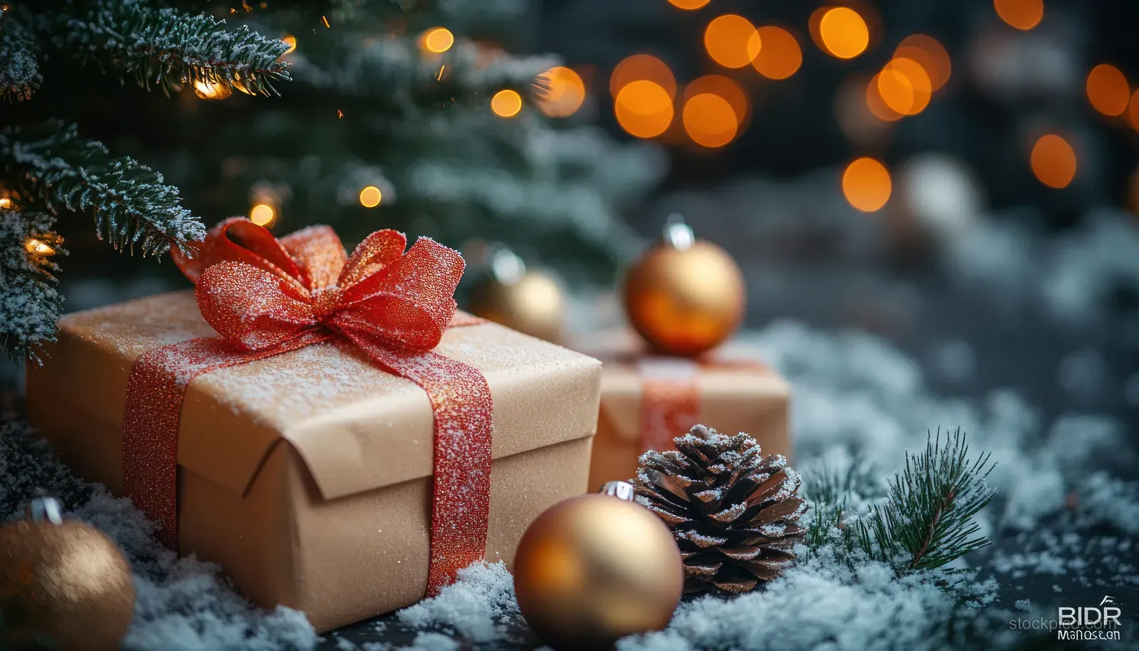 Colorful Christmas gift boxes on snowy pine branches with warm glowing bokeh lights in the background at night.