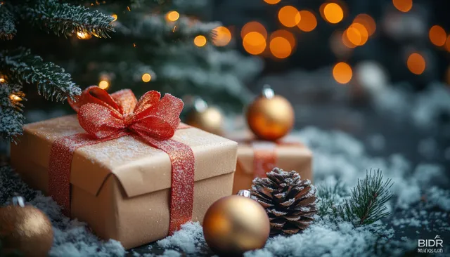 Colorful Christmas gifts on snowy pine branches with warm bokeh lights in night