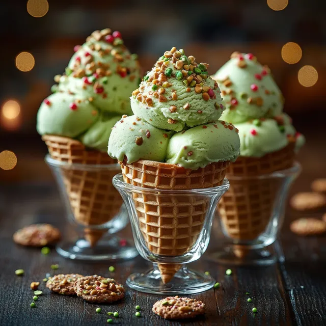 Three waffle cones filled with pistachio ice cream, topped with colorful sprinkles on a wooden table