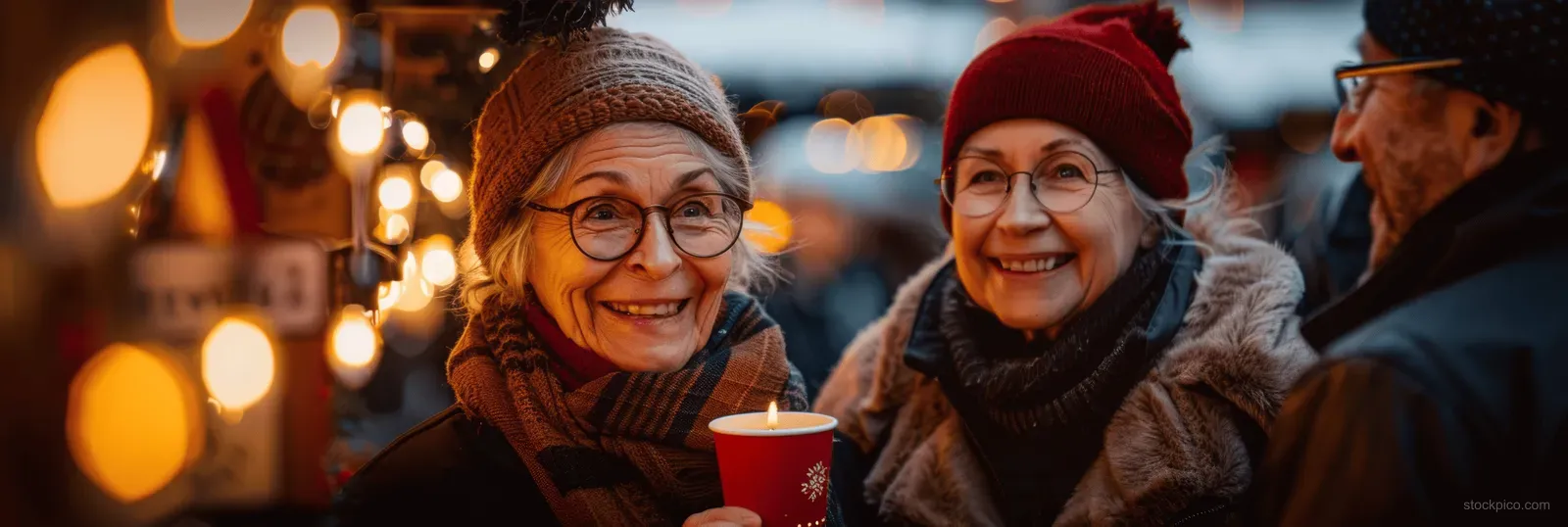 Two smiling senior women hold red cups of hot coffee at a candlelit Christmas market with warm lights in the background.