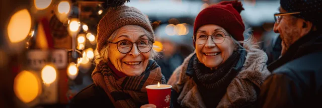 Two smiling senior women hold red cups of hot coffee at a candlelit Christmas market with warm lights in the background.