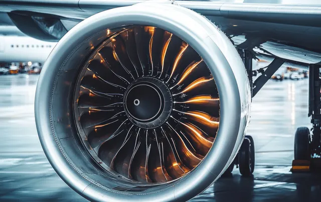 Close-up of airplane jet engine turbine blades at airport terminal with dramatic reflections