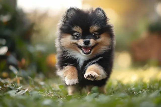 Fluffy small puppy runs toward the camera on green grass with sunlight and a blurred garden background.
