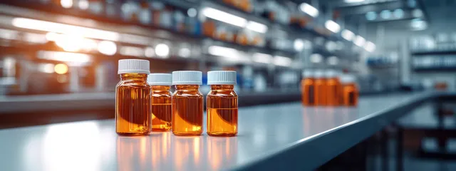 Four amber pharmaceutical vials with white caps on a reflective metallic surface in a lab with shelves blurred in back.