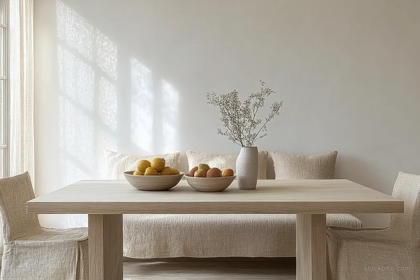 Light wood dining table with fruit bowl and vase sits in a minimalist Scandinavian room lit by soft daylight.