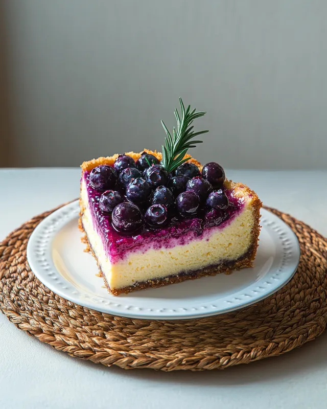 Creamy blueberry cheesecake slice on a white plate with fresh blueberries and a rosemary sprig on a woven placemat.