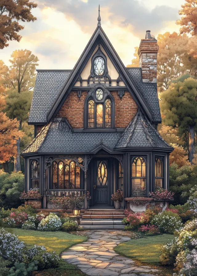 A whimsical Victorian house with ornate gables and a winding path leading to the front entrance in soft natural light.
