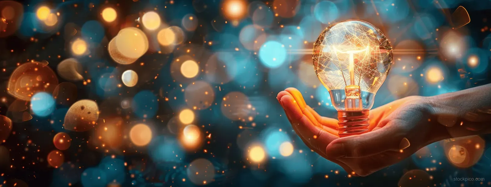 A hand holds a glowing light bulb with surrounding bokeh sparks symbolizing guidance and learning insight.