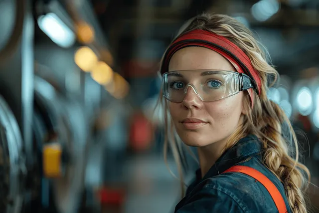 Young woman wearing safety glasses and red headband standing in factory corridor