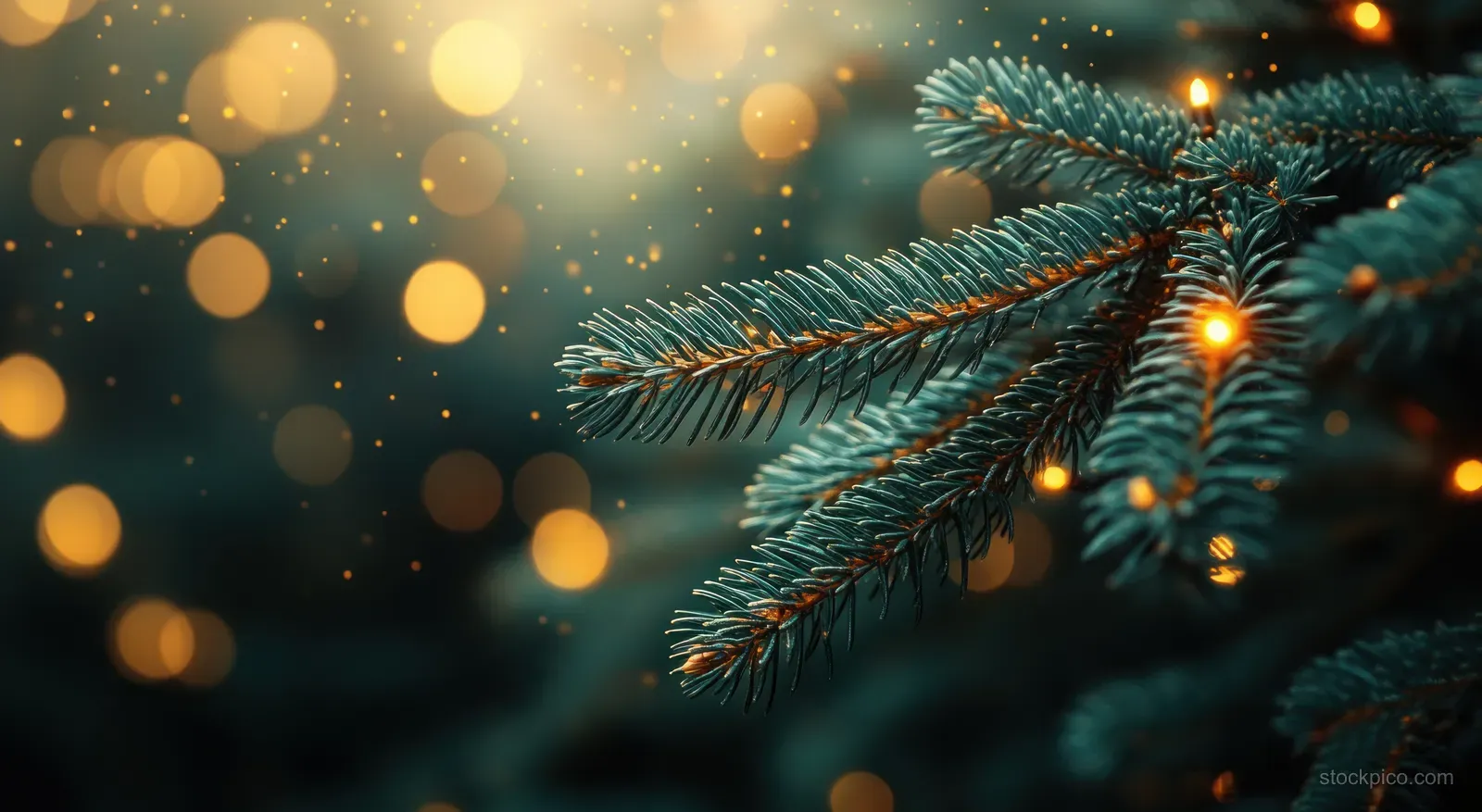 Close-up Christmas fir branch with warm glowing lights and soft bokeh in a snowy winter background.