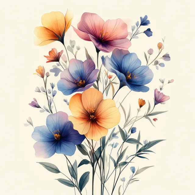 Pastel watercolor wildflowers with delicate leafy branches and small blossoms arranged like a seamless bouquet pattern.