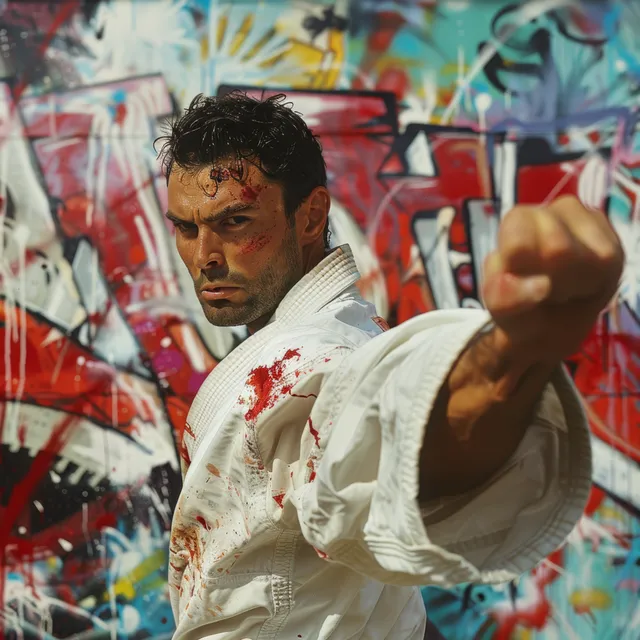 A Turkish karateka throws a punch during kumite in front of a colorful graffiti wall.