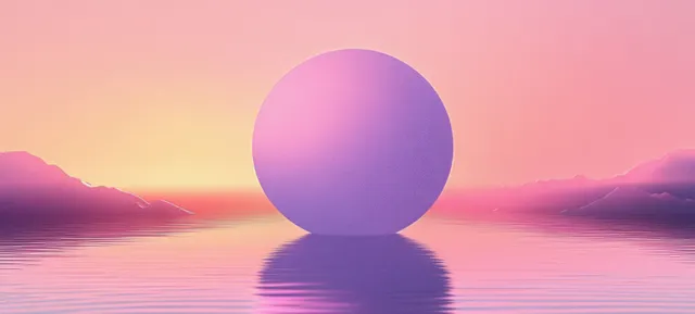 Pastel gradient landscape with glowing purple sphere hovering above reflective water