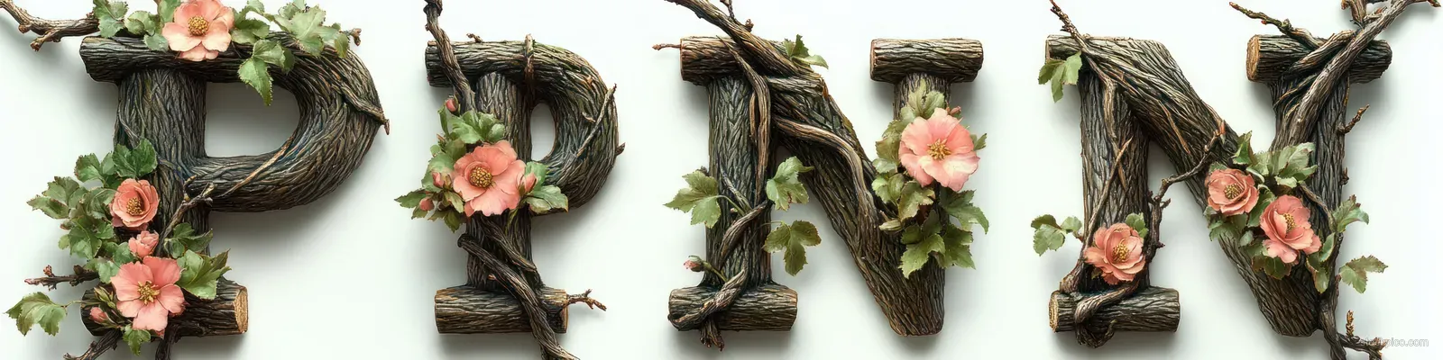 Wooden branch letters covered with green leaves and small pink flowers laid out on a white background.