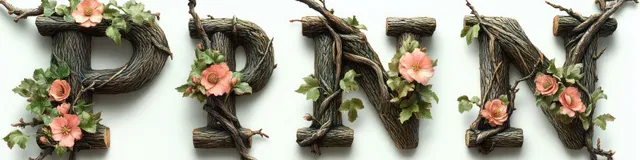 Wooden branch letters covered with green leaves and small pink flowers laid out on a white background.