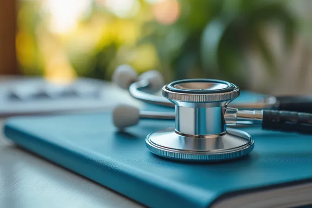 Stethoscope resting on a blue folder while a doctor writes prescriptions nearby