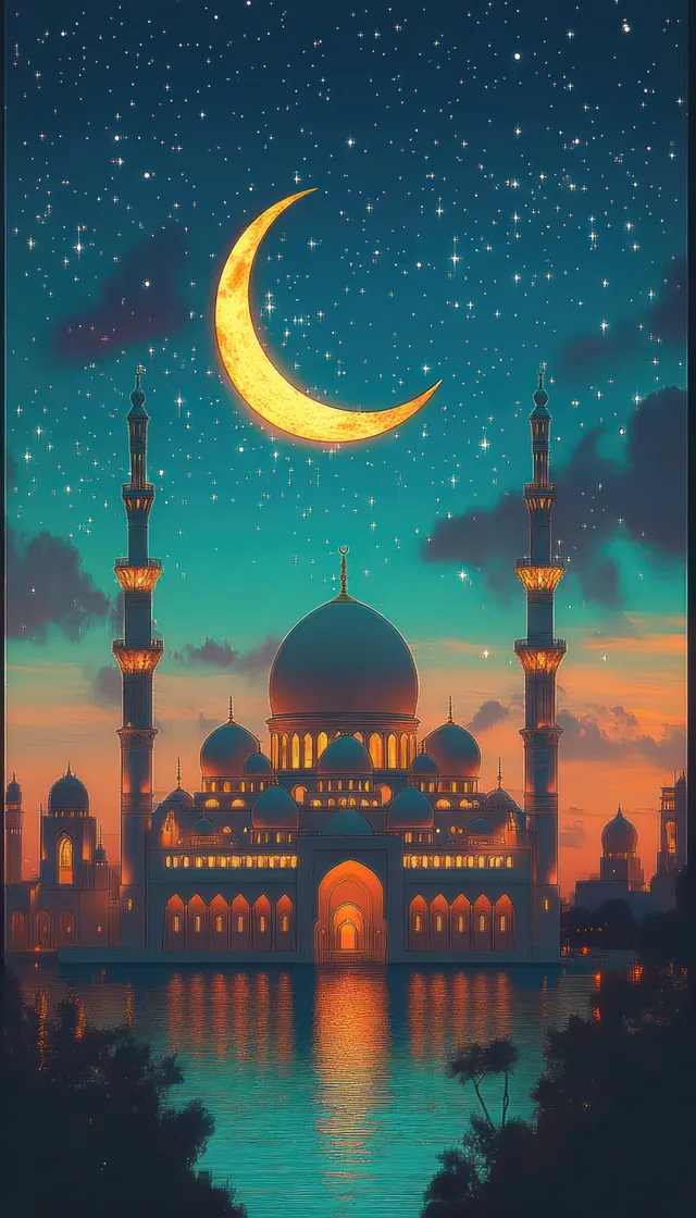 A lit mosque at twilight with a glowing crescent moon and stars, reflected on calm water below.