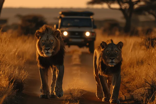 Two lionesses walk on a savanna road at sunset with a safari jeep blurred behind.