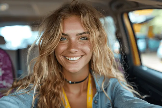 Smiling woman holding a car key inside a vehicle while city lights glow outside the windows.