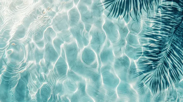 Light blue ocean surface ripples with sunlit wave reflections and palm leaf shadow