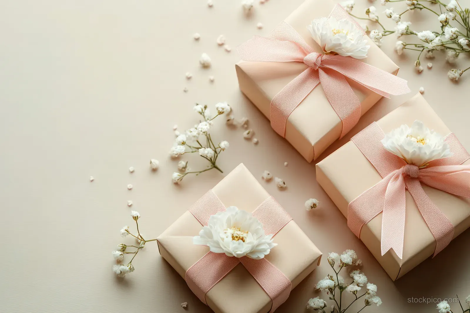 Three pastel Valentine gift boxes with pink bows and white flowers on a beige tabletop background.