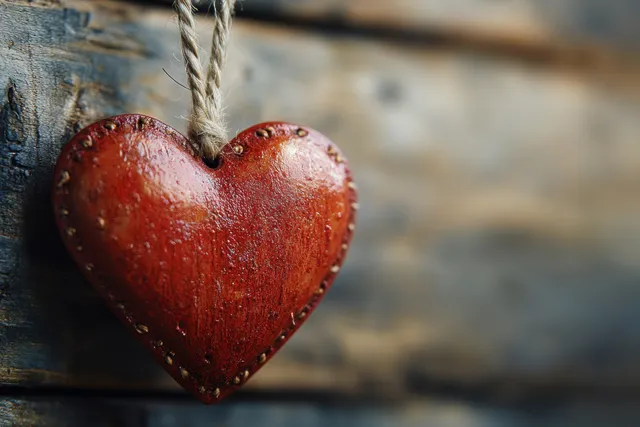 Red heart thank-you tag hangs on twine against weathered rustic wood with warm blurred background.