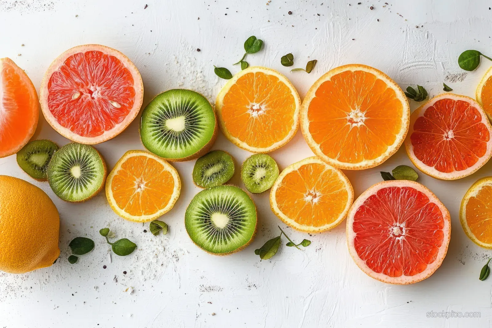 Overhead view of sliced oranges and kiwis arranged on a white surface with scattered green leaves.