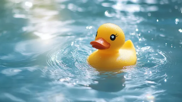 Yellow rubber duck floating on rippling water with soft sunlight reflections and small bubbles.