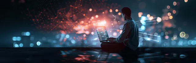 A person holds a tablet showing glowing analytics charts with a connected city network of lights behind.